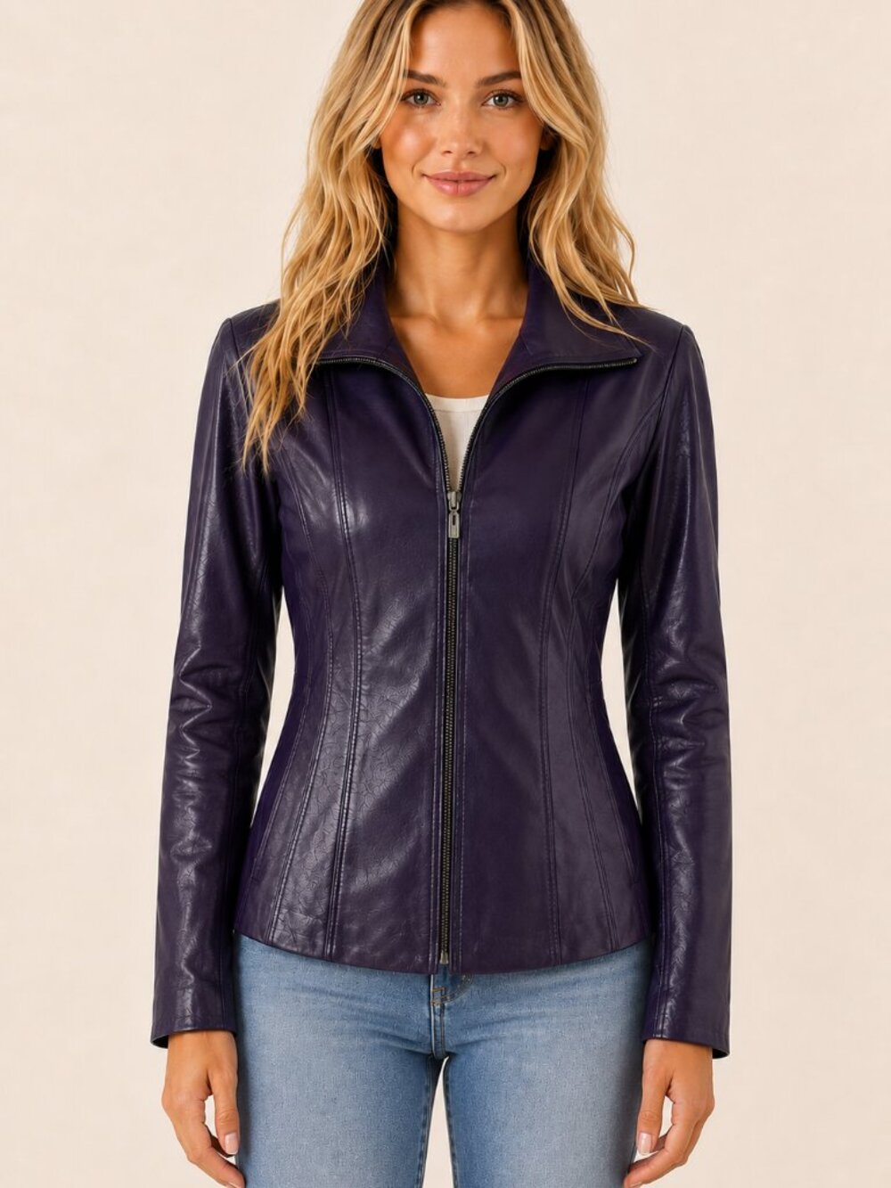 East 5th Genuine Leather Deep Purple Moto Jacket Womens M Full Zip Y2K Statement